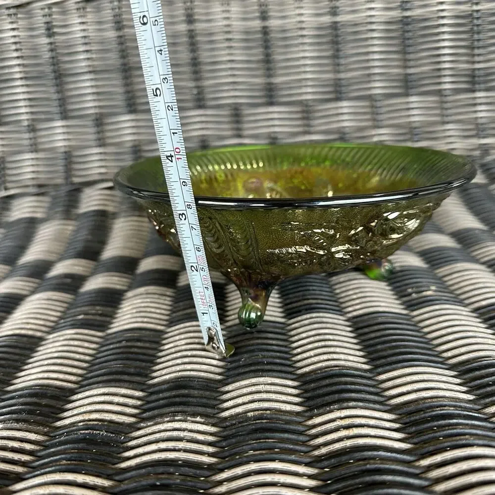 Imperial Glass Open Rose Bowl Carnival Glass Green‎ Iridescent Flowers MCM